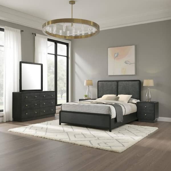 Cavy 4-Piece Black Metal Queen Size Bedroom Set with Upholstery Headboard