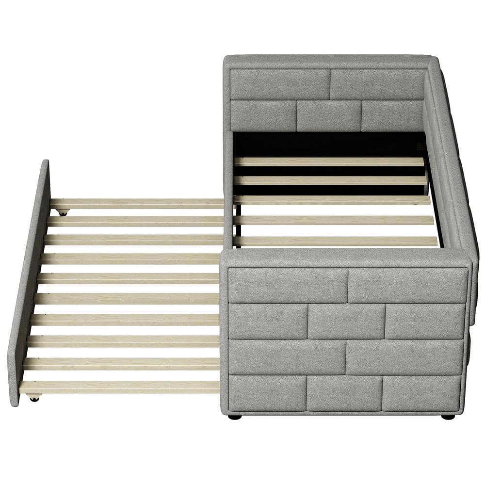 Gray Upholstered Twin Daybed with Pine Wood Frame and Trundle