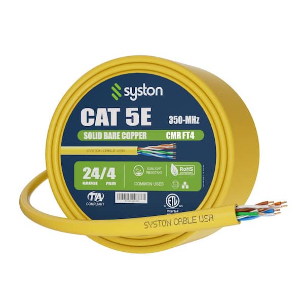 250 ft. Yellow CMR Cat5e 350 MHz 24 AWG Solid Bare Copper Ethernet Network Wire Data Cable - Bulk No Ends Heat Resistant