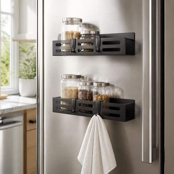 Black 2-Pack Magnetic Spice Rack for Refrigerator, Carbon Steel Shelf Organizer for Kitchen Cabinet Storage
