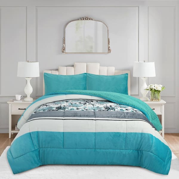 MarCielo ME532 Light Teal Floral Queen Size Polyester Micromink Sherpa Comforter Set