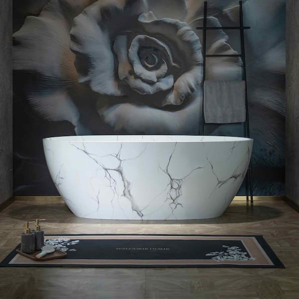 63 in. x 29.5 in. Solid Surface Stone Resin Soaking Bathtub with Center Drain in Carrara White