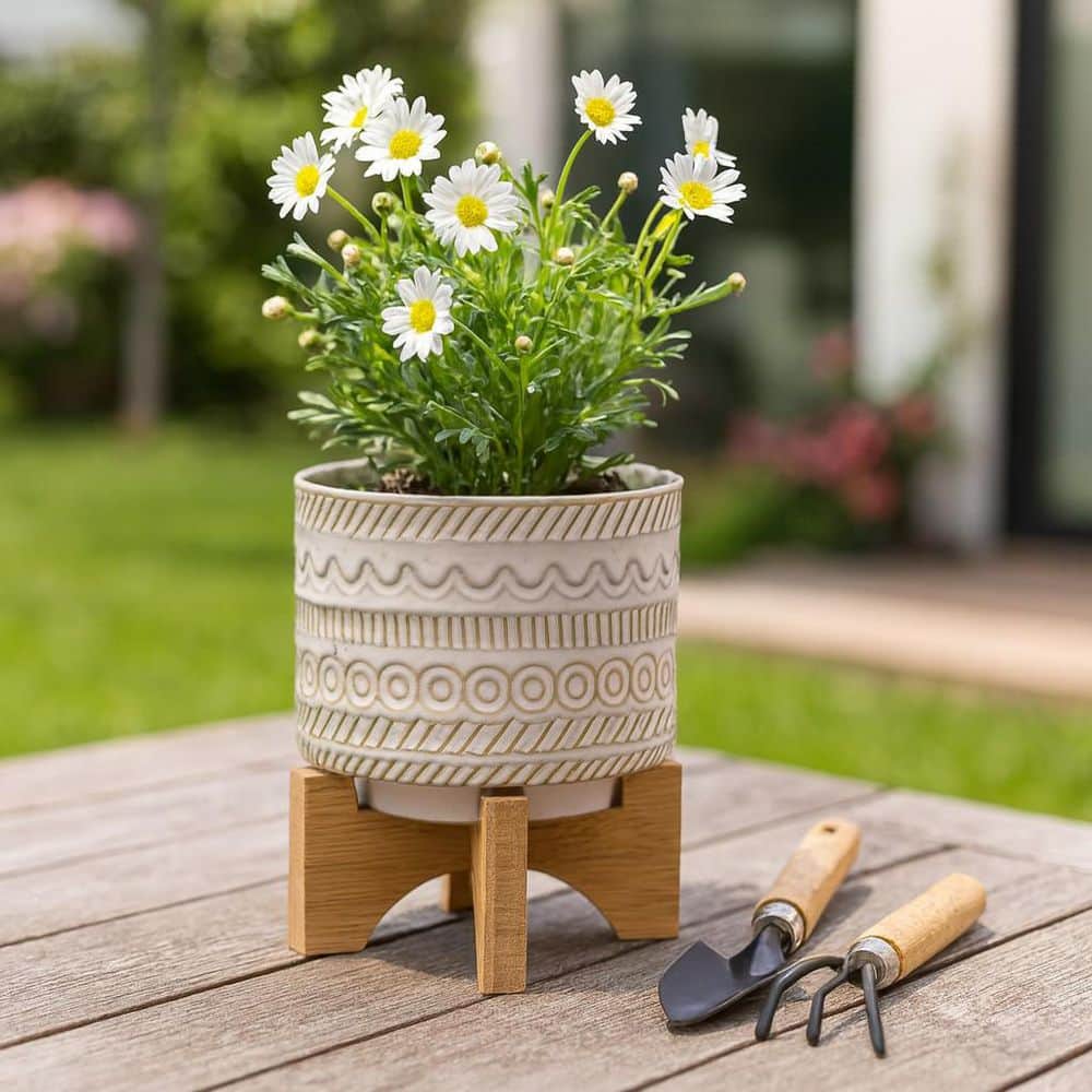 Liv & Skye Ivory and Tan Ceramic Tribal Planter (6 in. W x 8 in. H