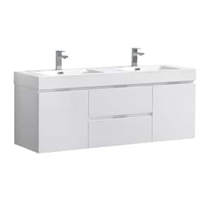Valencia 60 in. W Wall Hung Bathroom Vanity in Glossy White with Double Acrylic Vanity Top in White