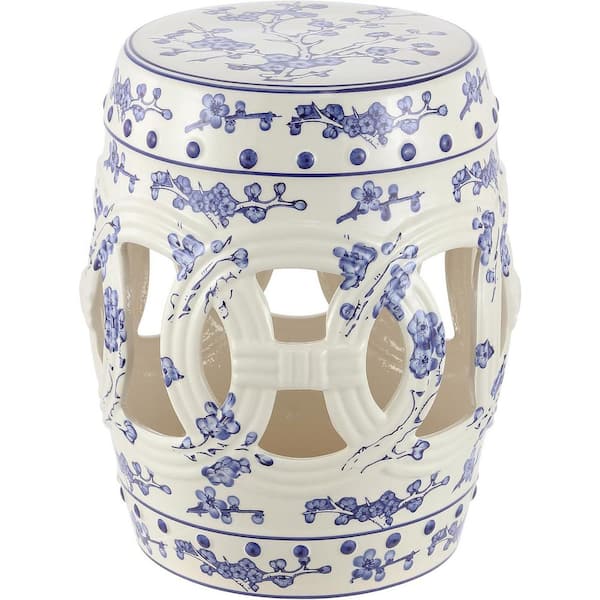 16 in. Chinese Ceramic Drum Indoor/Outdoor Garden Stool Boho, Coastal, Classic, Cottage, Patio, Garden Room, Blue/White