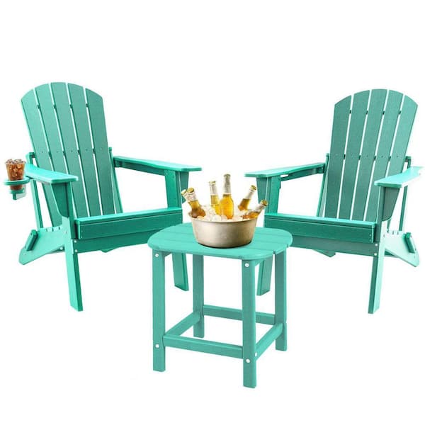 3-Piece HDPE Folding Adirondack Chairs with Side Table, with Cup Holder Ideal for Fire Pit, Deck, Patio Pool, Aruba Blue