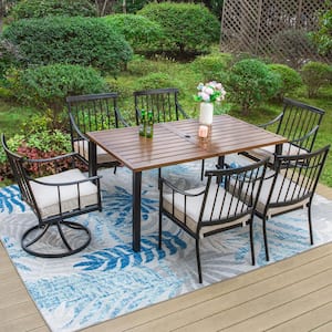 7-Piece Metal Patio Outdoor Dining Set with Brown Slat Table-Top and Swivel Chairs with Beige Cushion