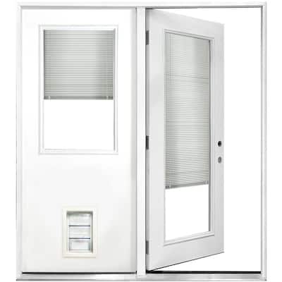 Steves Sons 72 In X 80 Clear Mini Blind White Primed Prehung Lhis Fiberglass Centerhinge Patio Door W Med Pet Fgchp Mbmp Pr R72 4ilh The Home Depot - French Patio Doors With Built In Dog Door