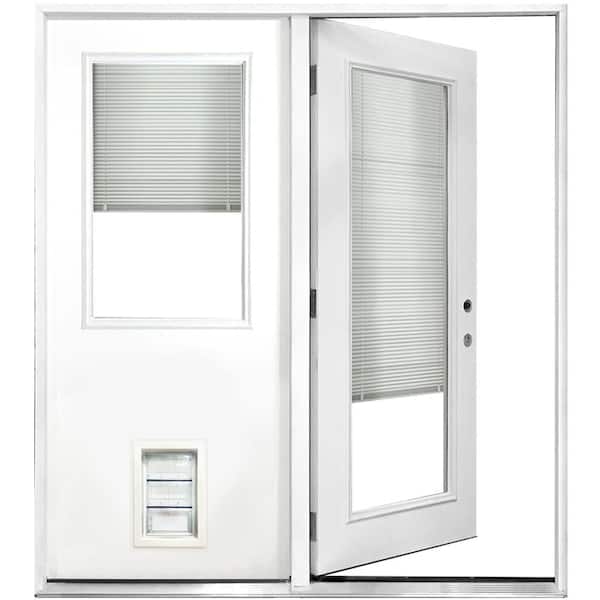 Steves & Sons 72 in. x 80 in. Clear Mini-Blind White Primed Prehung LHIS Fiberglass CenterHinge Patio Door w/ Med Pet Door