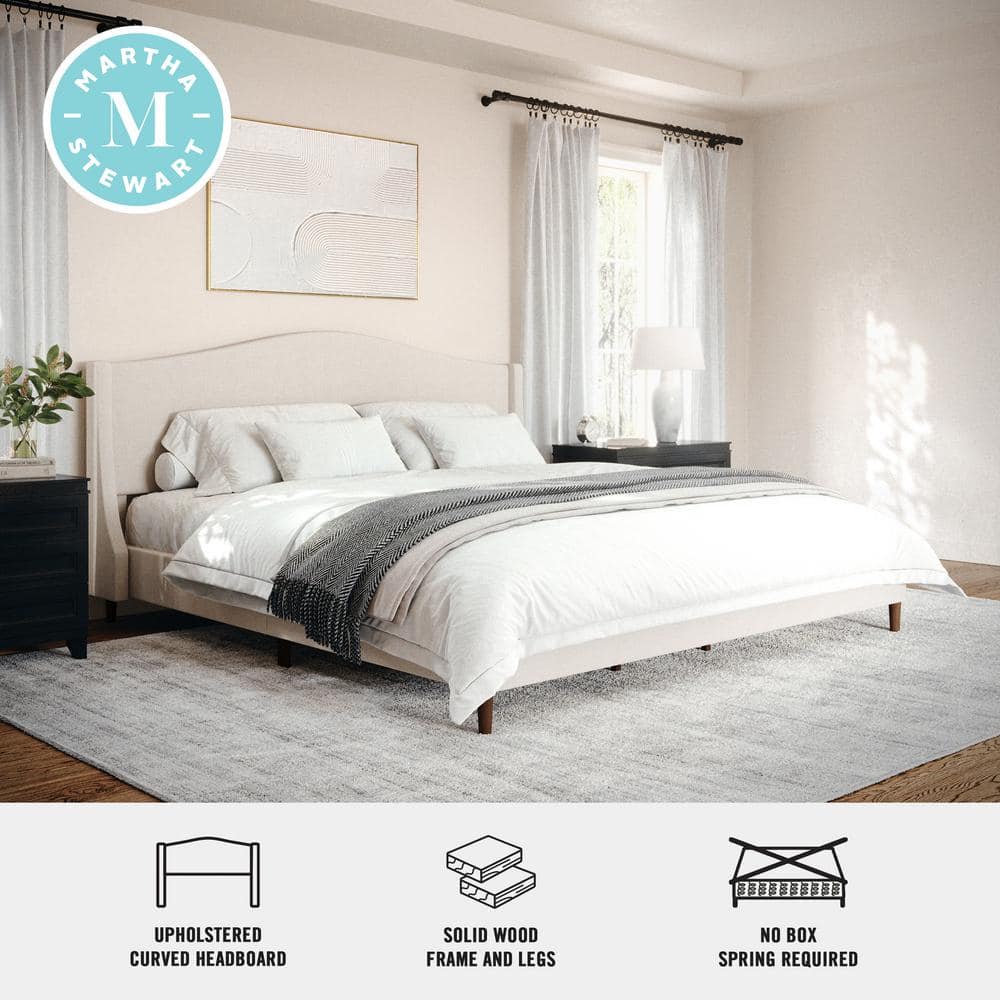 King Beige Linen Upholstered Platform Bed with Wood Frame