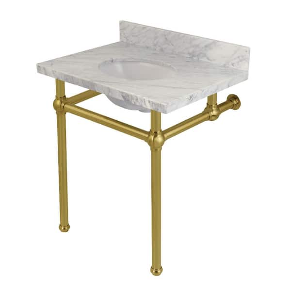 Templeton 30 in. x 22 in. Console Sink in White/Brushed Brass Carrara Marble with Brass Legs