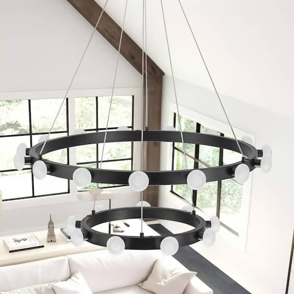 Max Modern 24-Light Black Dual Ring Dimmable Integrated LED Wagon Wheel Chandelier