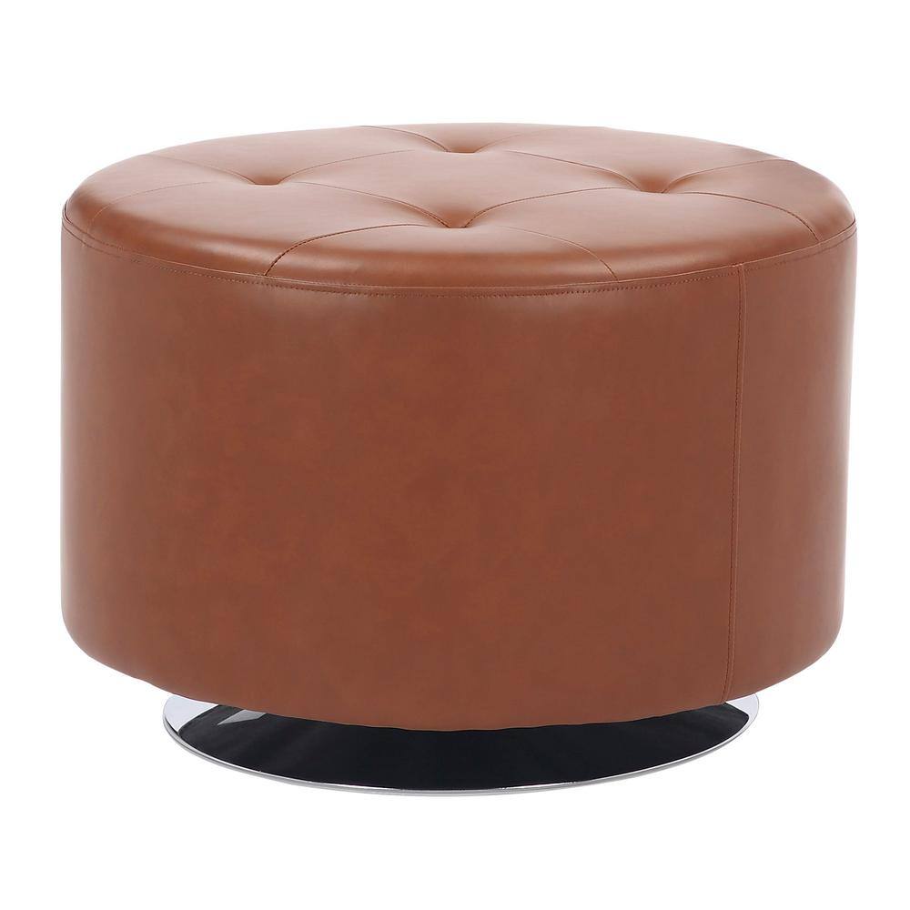 Lumisource Mason Round 26 in. Camel Faux Leather and Chrome Swivel
