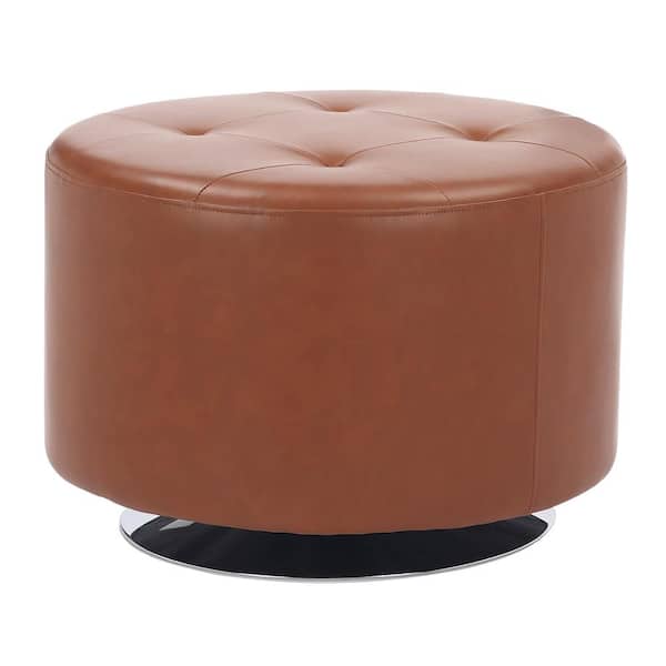 Lumisource Mason Round 26 in. Camel Faux Leather and Chrome Swivel Ottoman