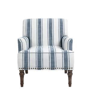 Modern Dark Blue Striped Linen Upholstered Accent Armchair With Wooden Legs(Set of 1)