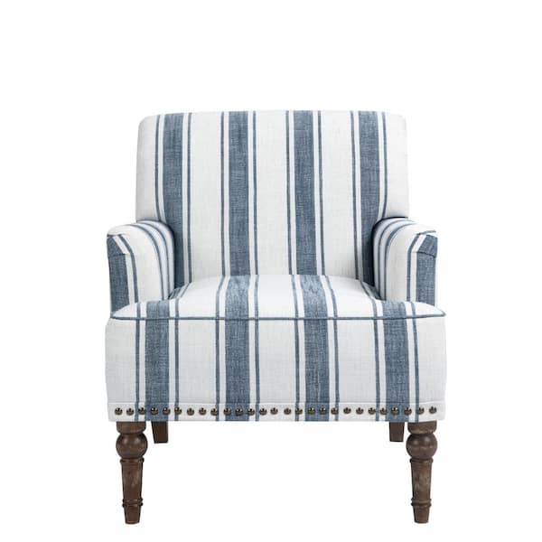 Uixe Modern Dark Blue Striped Linen Upholstered Accent Armchair With Wooden Legs(Set of 1)