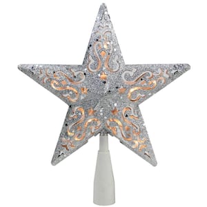 8.5 in. Silver Glitter Star Cut-Out Design Christmas Tree Topper - Clear Lights