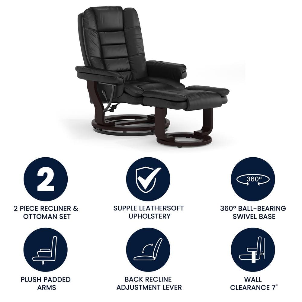 Black Faux Leather Swivel Recliner with Wood Base
