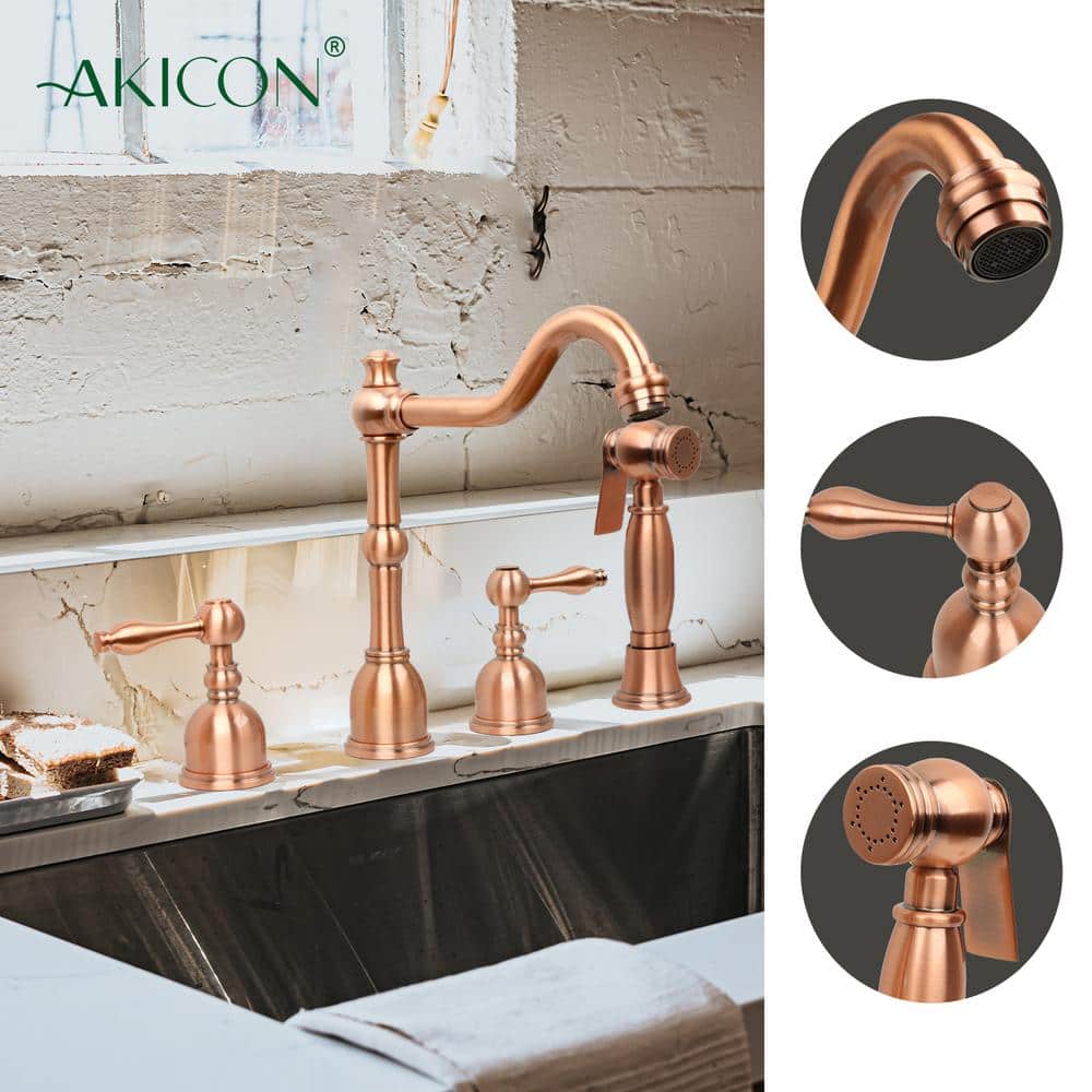 Brushed Copper Double-Handle Widespread Kitchen Faucet with Side Spray