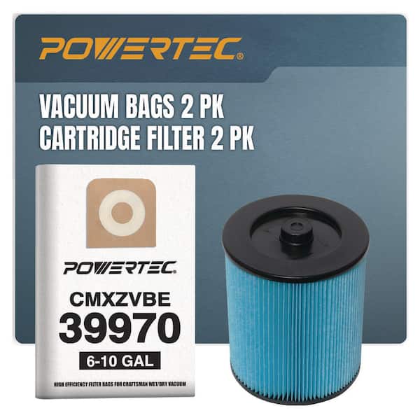 ‎POWERTEC 6-10 Gal. Filter Bags 2-Pack for Craftsman 39970 w/17816 Cartridge Filters 2-Pack for Most 5 Gal. & Above Wet/Dry Vacuum