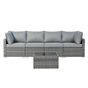 Messi Gray 5-Piece Wicker Outdoor Patio Conversation Sectional Sofa Set with Dark Gray Cushions