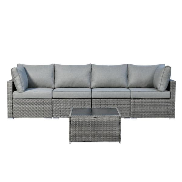 Messi Gray 5-Piece Wicker Outdoor Patio Conversation Sectional Sofa Set with Dark Gray Cushions