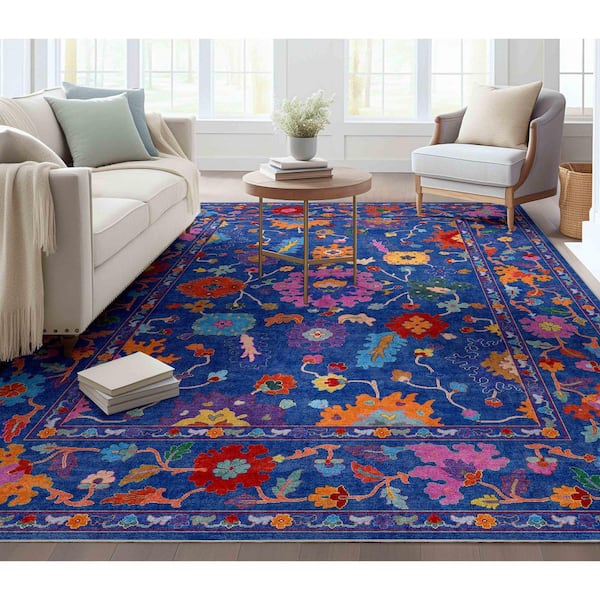 Ushak Bodrum Modern Vintage Floral, Blue 7 ft. 7 in. x 9 ft. 10 in. Multi Area Rug
