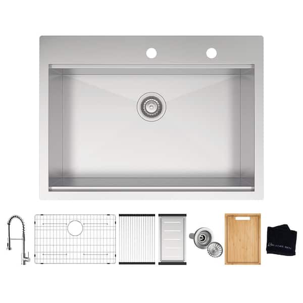 Zero Radius 30 in. Drop-In Single Bowl 18 Gauge Stainless Steel Workstation Kitchen Sink with Spring Neck Faucet