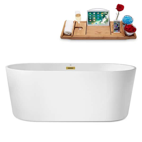 Streamline 62 in. Acrylic Flatbottom Non-Whirlpool Bathtub in Glossy White With Brushed Gold Drain and Overflow Cover