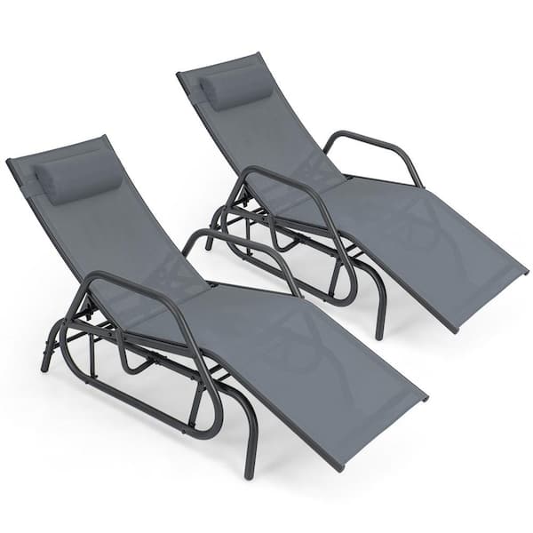 Costway 2-Pieces Grey Metal Outdoor Chaise Lounge Glider Recliner Chair Adjustable Sturdy Frame