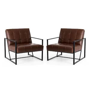 Modern Brown Leatherette Accent Armchair with Black Metal Frame (Set of 2)