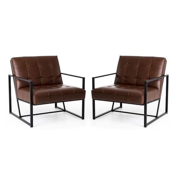 Glitzhome Modern Brown Leatherette Accent Armchair with Black Metal Frame (Set of 2)