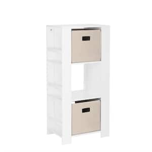 Kids White Cubby Storage Tower with Bookshelves with 2-Piece Taupe Bins