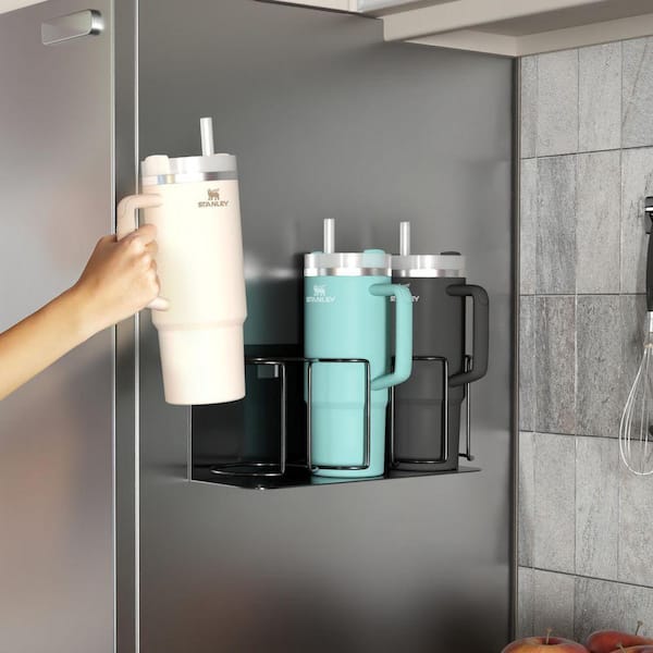 Stanley Cup Holder for 3 Cups, Adjustable Mount with Adhesive Tape or Screws, 1-Shelf Black Magnetic Pantry Organizer
