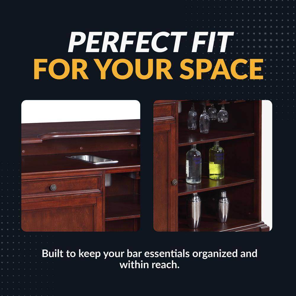 Mahogany Finish Poplar Wood Home Bar with Storage and Shelves