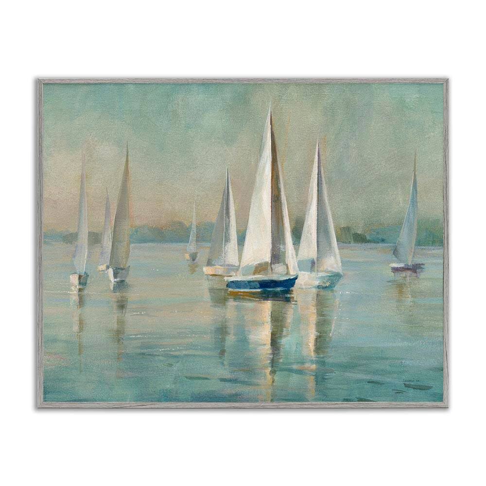 Sailboats at Sunrise by Danhui Nai Gray Framed Coastal Giclee Art Print 16 in. x 20 in. price history on PriceWatchPro