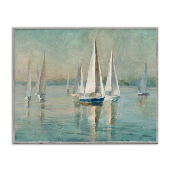 Stupell Industries Sailboats at Sunrise by Danhui Nai Gray Framed Coastal Giclee Art Print 16 in. x 20 in.