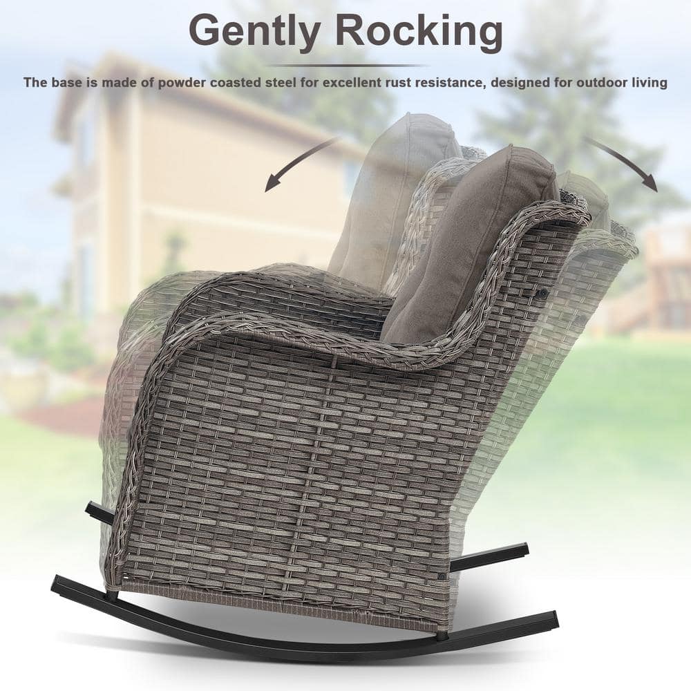 Gray Wicker and Steel Rocking Armchair Set with Cushions