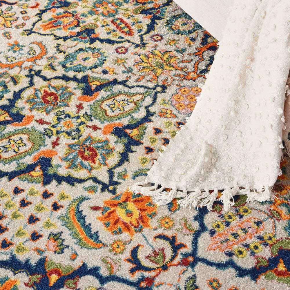 Ivory and Jewel Tones Boho Floral 8'x10' Synthetic Area Rug