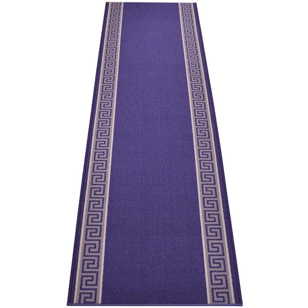 RugStylesOnline Meander Greek Key Design Navy 36 in. Width x 10 ft. Your Choice Length Slip-Resistant Stair Runner