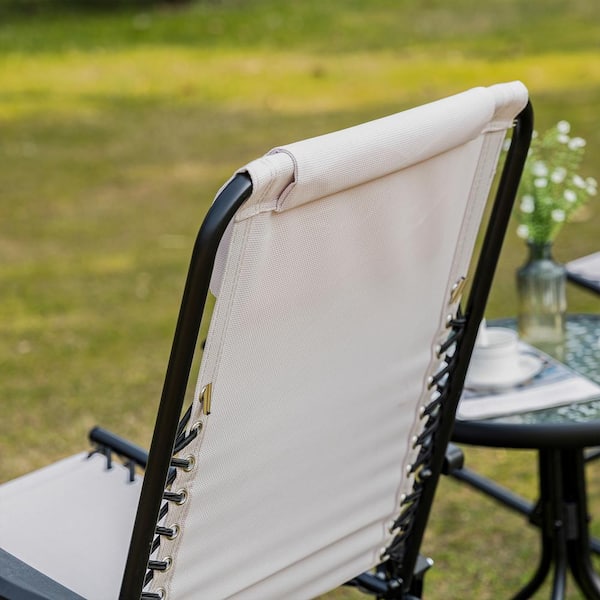 Misopily Cream White Metal Folding Outdoor Rocking Chair Camping Set of 2 with Headrests, Zero Gravity Bungee Lawn Chairs