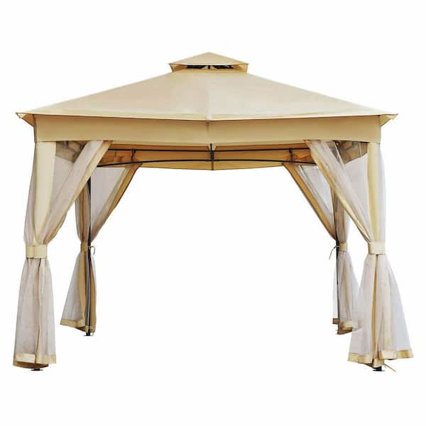 10 ft. x 12 ft. Beige Outdoor Gazebo Tent with Double Roofsand Mosquito Netting for Backyard