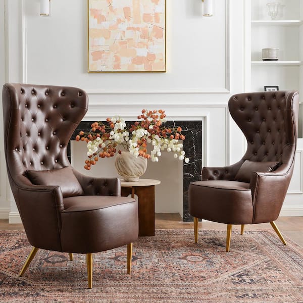 Brown Modern Upholstered Tufted Faux Leather Wingback Dining Chair (Set of 2)