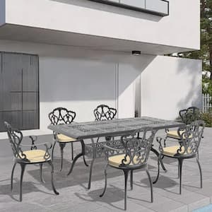 Lily Black 7-Piece Cast Aluminum Outdoor Dining Set with Rectangle Table and Dining Chairs with Random Color Cushion