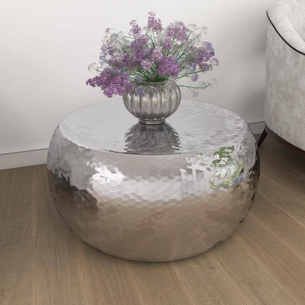 Silver Drum Shaped Metal Coffee Table with Lift-Top Storage