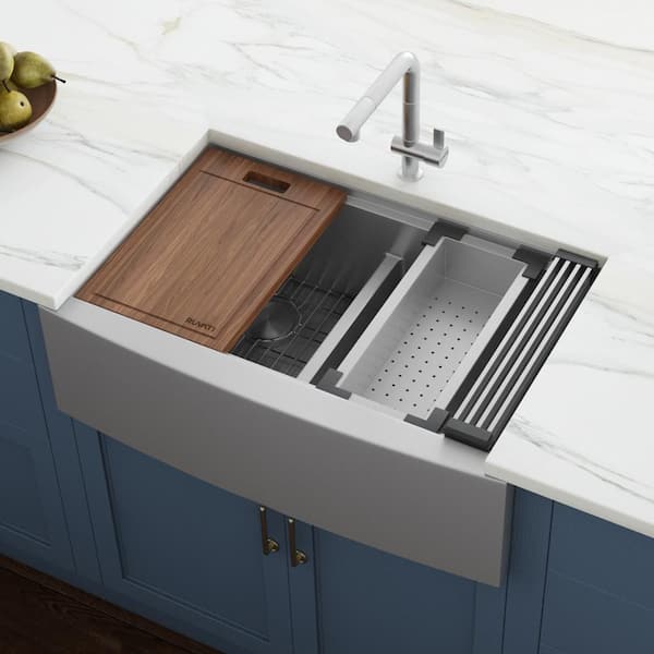 Verona 36 in. Apron-Front Farmhouse 50/50 Double Bowl 16-Gauge Stainless Steel Kitchen Sink with Low Divide