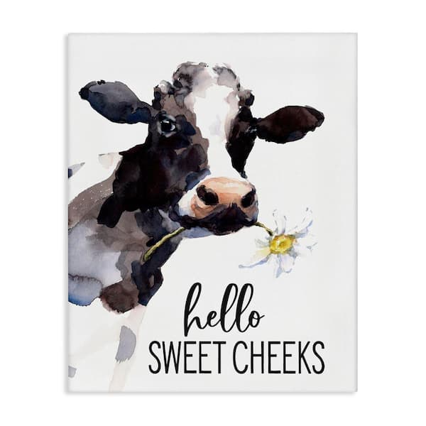 Hello Sweet Cheeks Country Cattle Holding Flower by Lettered and Lined Unframed Graphic Art Print Animal 20 in. x 16 in.
