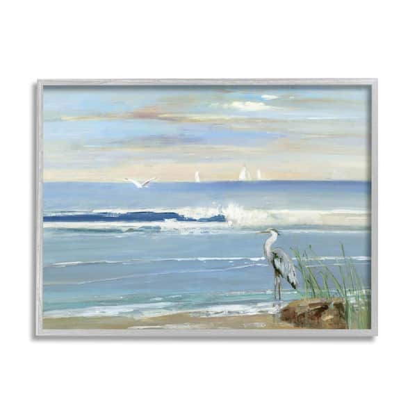 Heron Splashing Beach Waves Design by Sally Swatland Framed Animal Art Print 30 in. x 24 in.