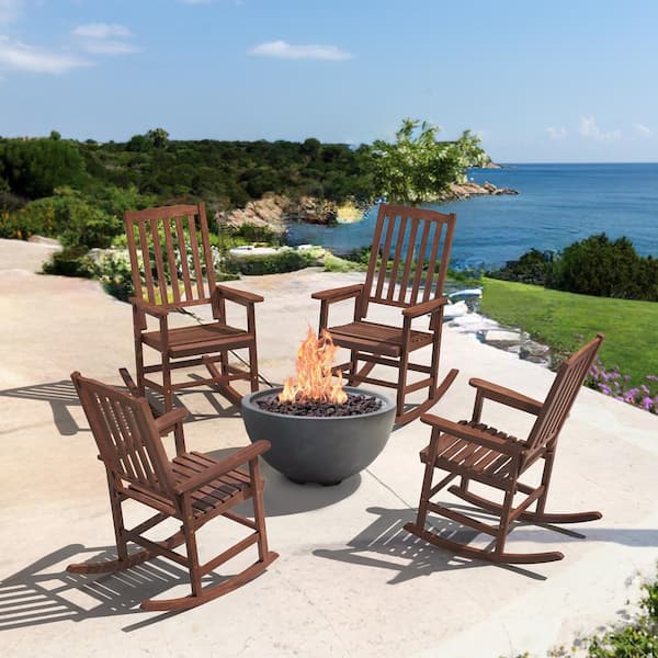 LUE BONA Orson Teak Brown Acacia Wood Classic Adirondack Weather-Resistant Outdoor Porch Rocker Outdoor Rocking Chair (Set of 4)