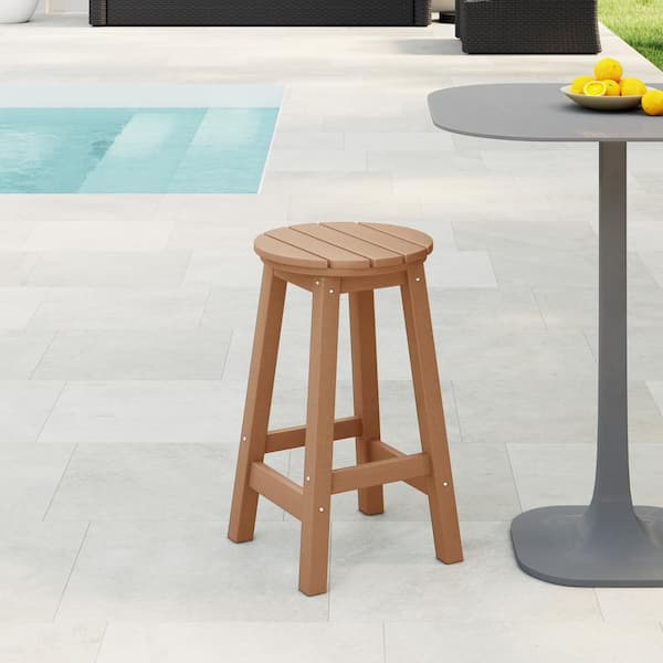 Laguna 24 in. Round HDPE Plastic Backless Counter Height Outdoor Dining Patio Bar Stool in Teak